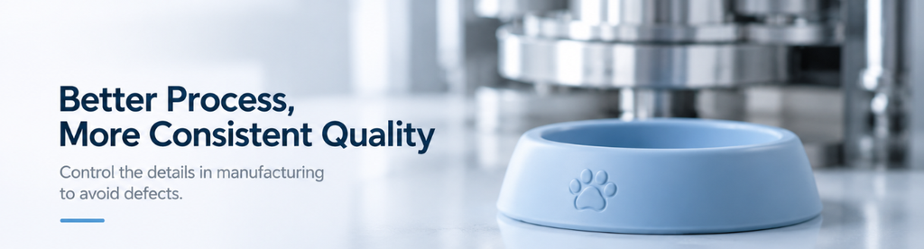 Blue molded pet bowl with production equipment, illustrating how mold temperature, venting, and curing time affect HCR silicone quality.