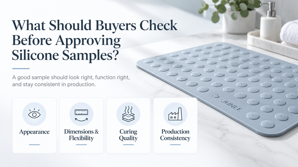 Silicone sample approval infographic featuring a textured molded mat and checks for appearance, dimensions, flexibility, curing quality, and production consistency.